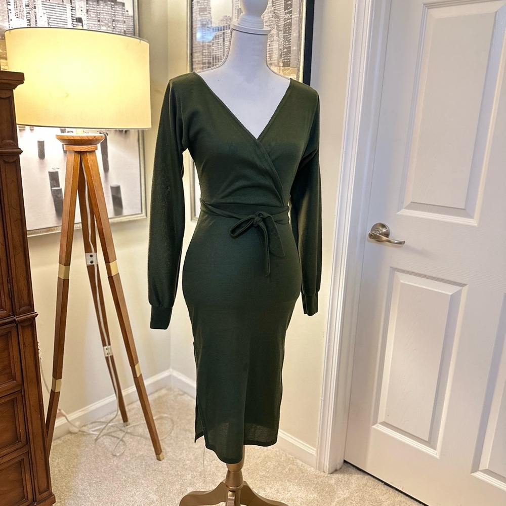 Boohoo Olive Long Sleeve Wrap Dress